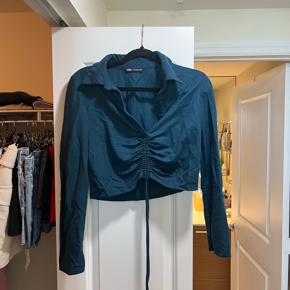 Zara Blue Long Sleeve Crop Blouse with Ruched Tie Front and Notched Collar